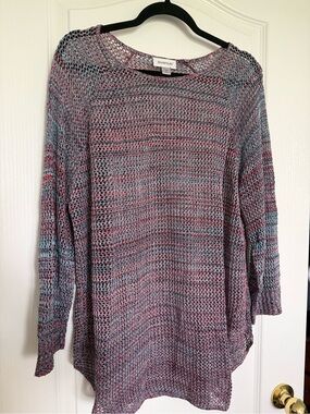 Avenue Pink and Blue Multicolor Open-Weave Scoop Neck Tunic Sweater